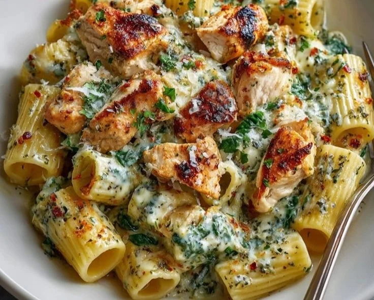 Creamy pesto chicken pasta topped with fresh basil and parmesan cheese