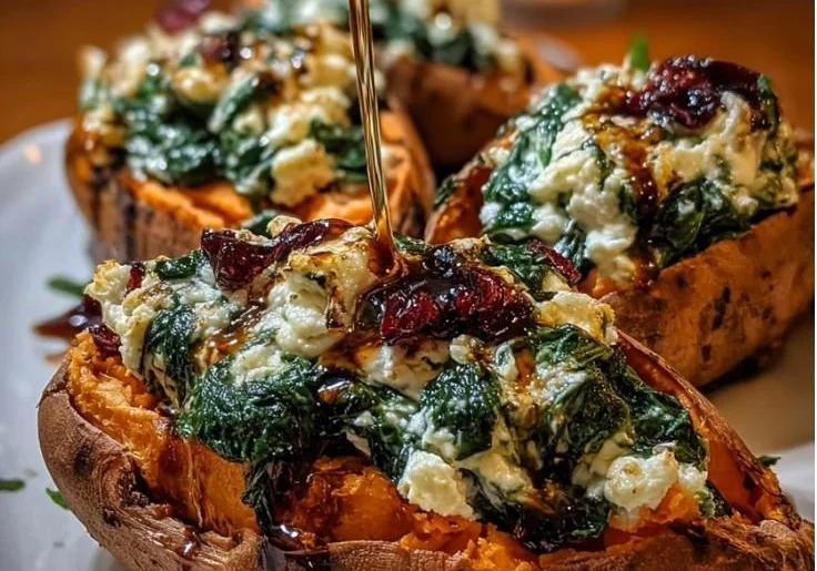 Creamy ricotta and spinach stuffed sweet potatoes dish