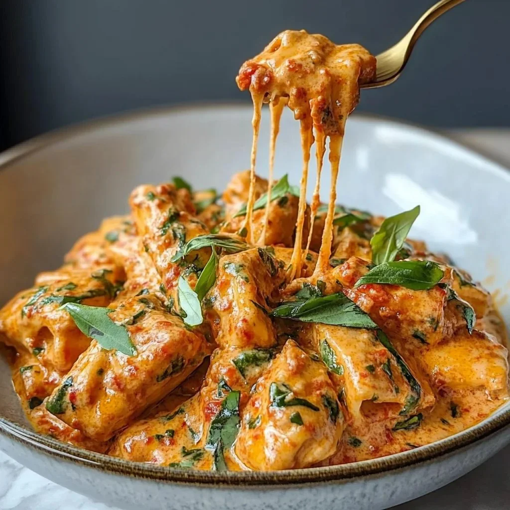 Creamy tomato garlic pasta served in a bowl with fresh herbs and grated cheese.