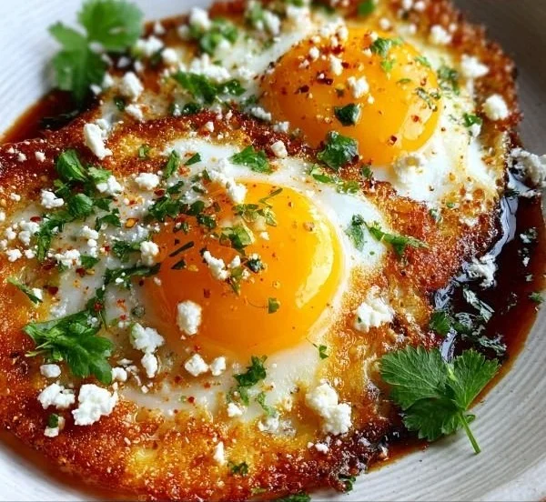 Plate of crispy feta fried eggs topped with herbs and served with toast.
