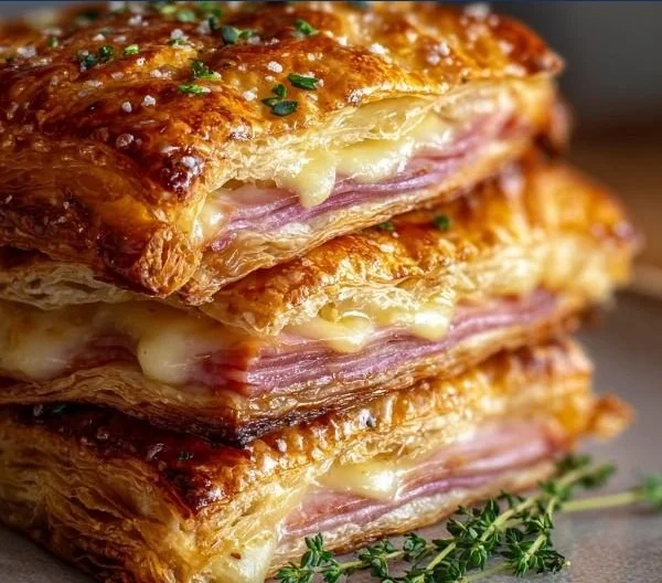 Crispy ham and cheese puff pastry stacks on a plate