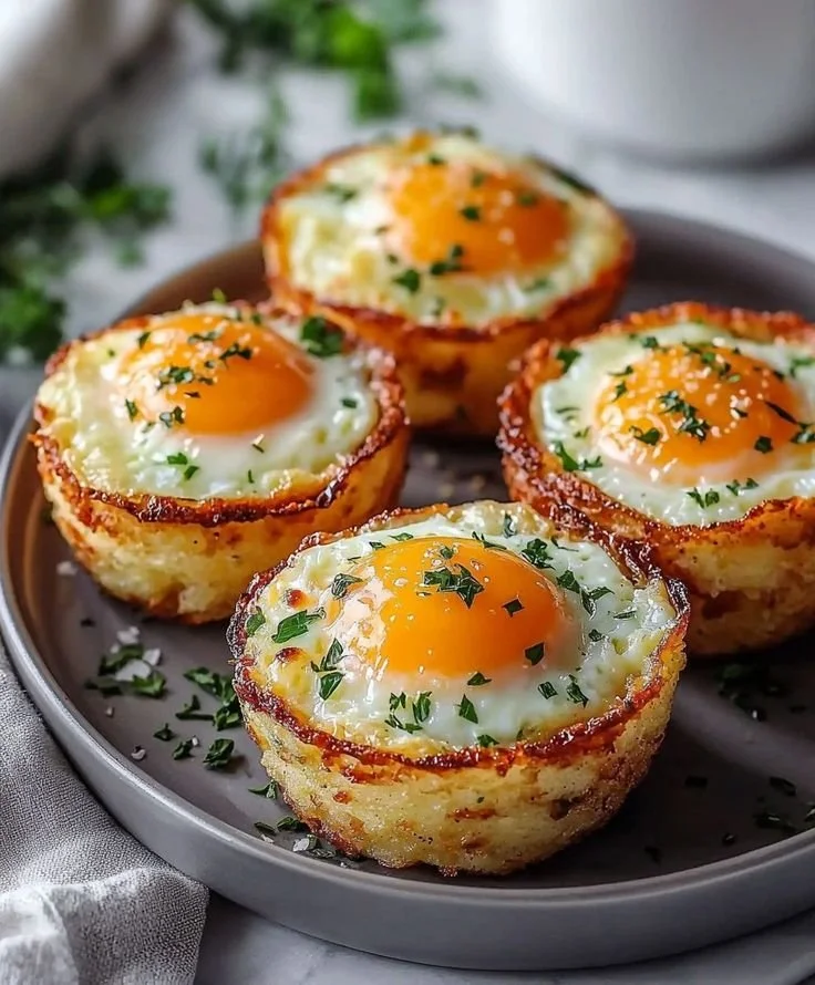 Crispy hash brown egg cups served on a plate for a delightful breakfast idea.