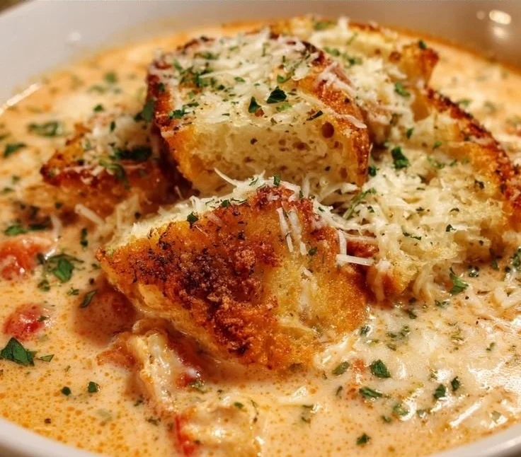 Crock Pot Creamy Chicken Parmesan Soup served in a bowl garnished with parsley