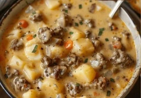 Bowl of Crockpot Creamy Potato and Hamburger Soup garnished with herbs.