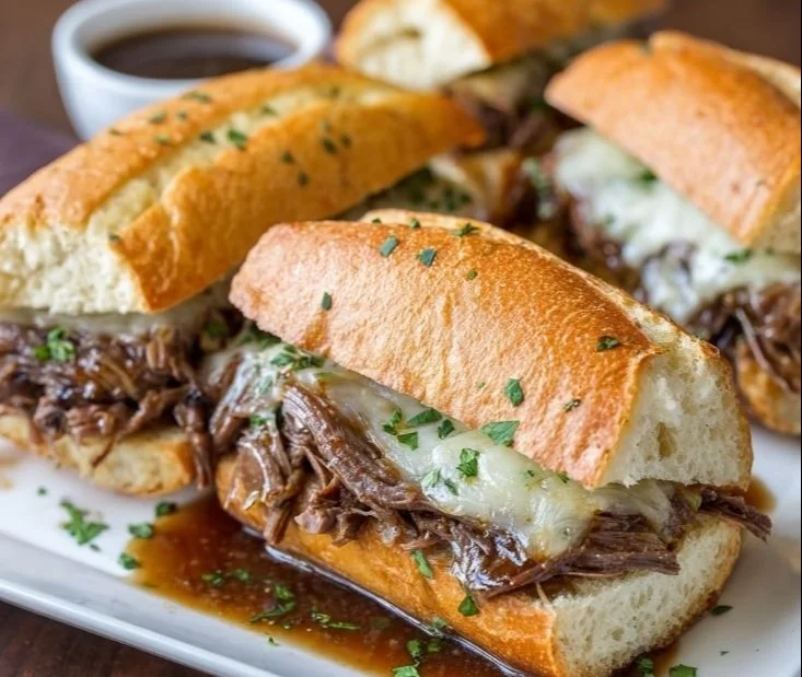 Delicious Crockpot French Dip Sandwiches served with savory au jus