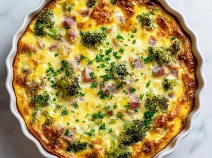 Crustless quiche with ham, broccoli, and cheese in a baking dish