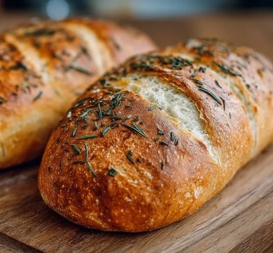 Freshly baked crusty Italian bread loaf cooling on a wire rack