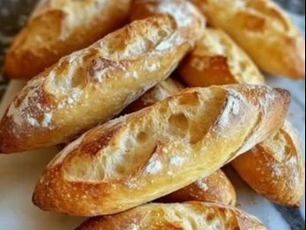 Freshly baked crusty mini baguettes on a wooden cutting board