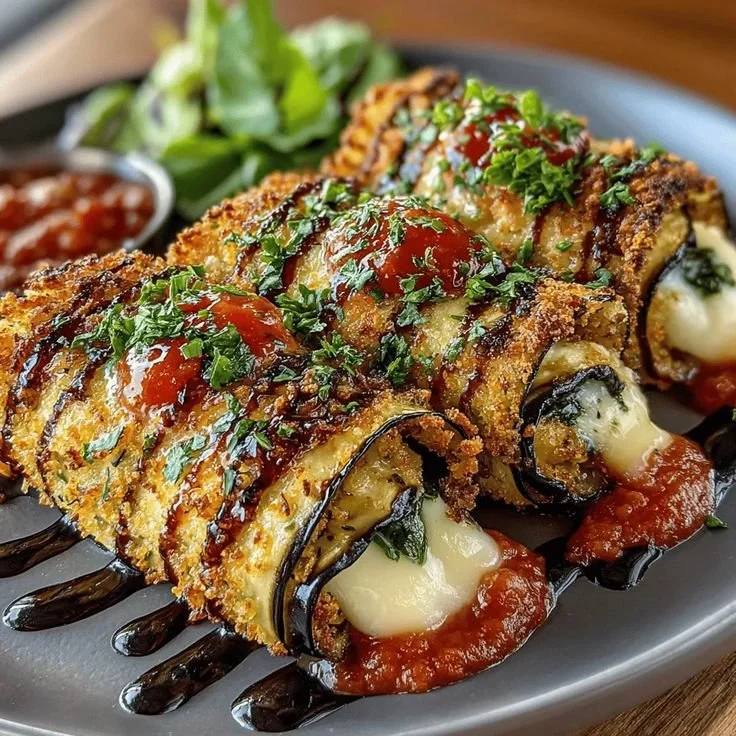 Mini eggplant mozzarella wrap rolls served on a plate