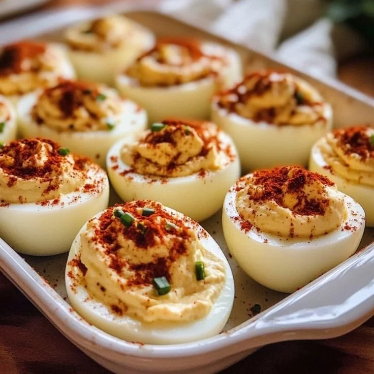 Plate of delicious homemade deviled eggs garnished with paprika and herbs
