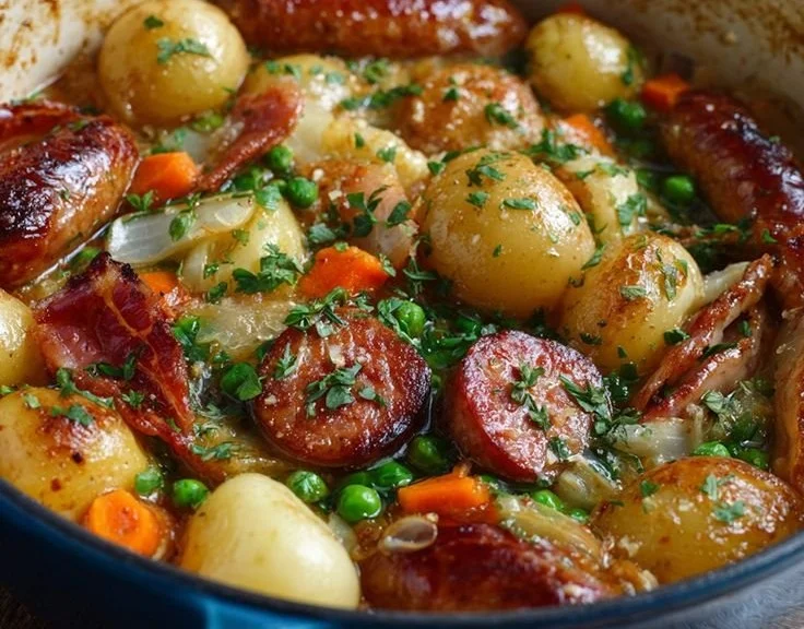 Traditional Dublin Coddle with sausage and potatoes served in a bowl