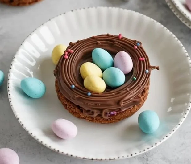 Easter Birds Nest Cookies with chocolate and colorful candy eggs