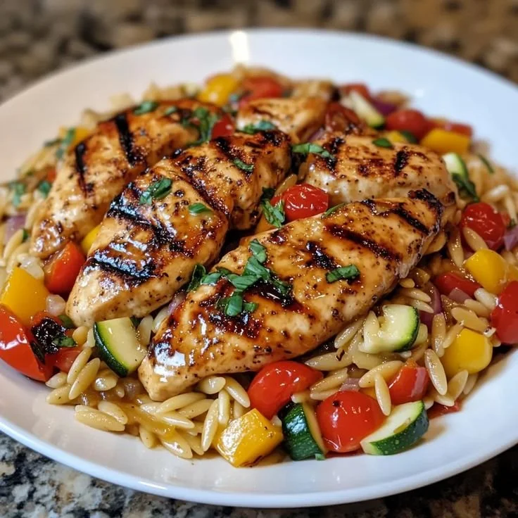 Balsamic chicken served with veggie orzo on a plate