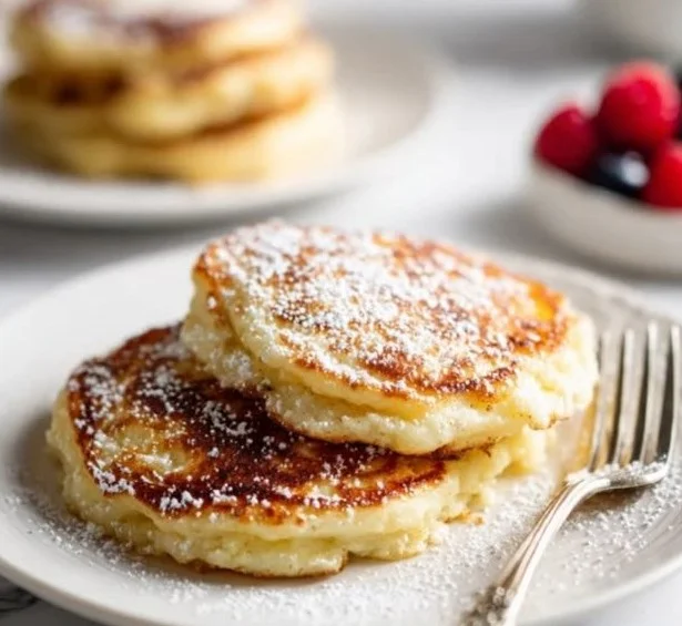 Fluffy cottage cheese pancakes served with fresh fruit on a plate