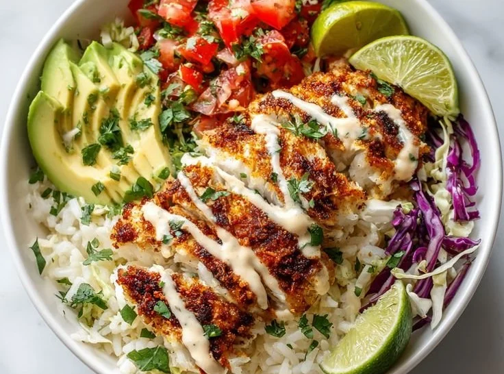 Easy fish taco bowl with spicy lime mayo and fresh toppings