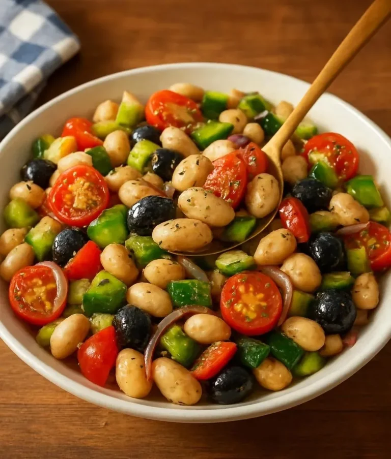 Colorful Greek Bean Salad with marinated beans, tomatoes, and herbs