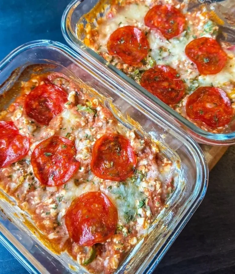 High protein cottage cheese pizza bowl topped with fresh ingredients