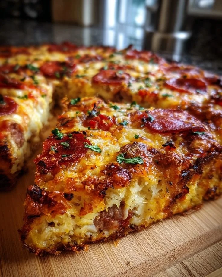 Easy low-carb keto pizza casserole served in a dish, garnished with fresh herbs