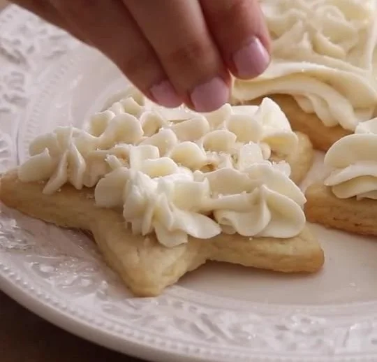 A beautiful decorated sugar cookie with vanilla buttercream frosting on a plate.