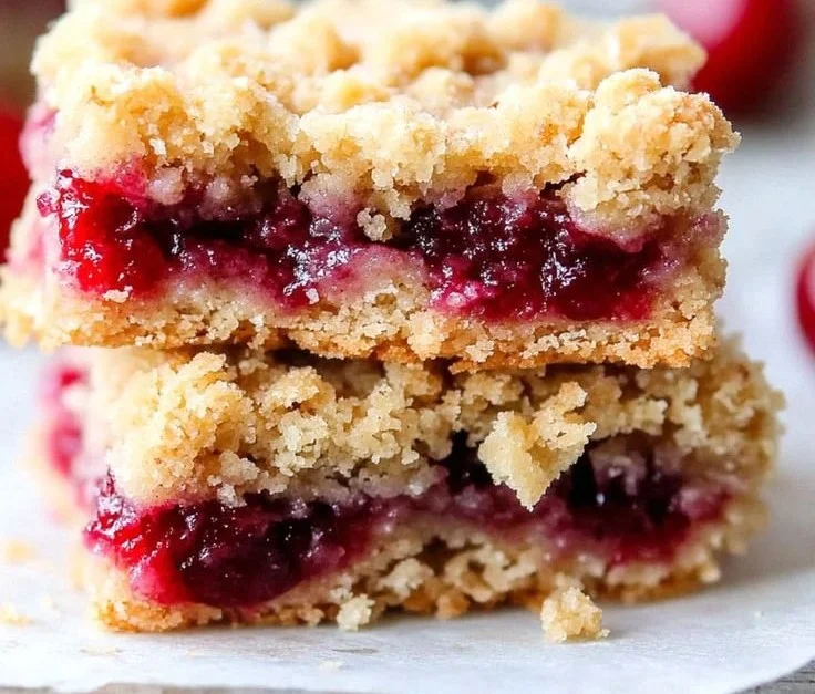 Delicious cherry crumble bars with a crispy topping and cherry filling