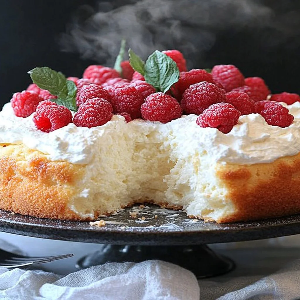Fluffy Yogurt Cloud Cake topped with fresh berries and cream, a light dessert delight.