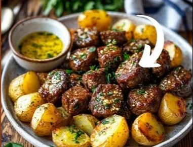 Garlic Butter Beef Bites served with crispy potatoes on a plate