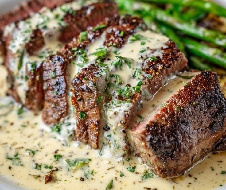Garlic butter steak with Parmesan cream sauce served on a plate