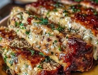 Deliciously baked Garlic Parmesan Chicken Meatloaf served on a white plate
