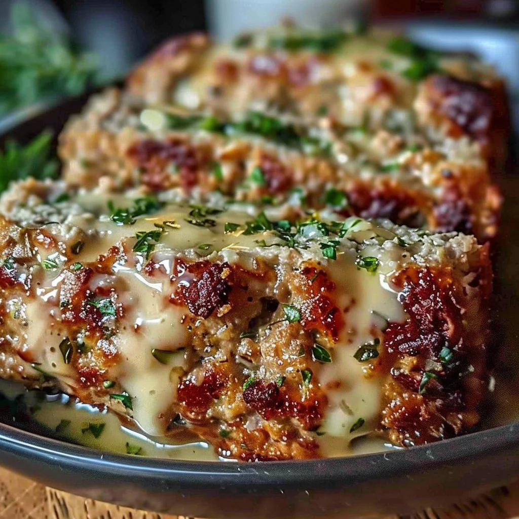 Garlic Parmesan Chicken Meatloaf ready to serve with herbs on a plate