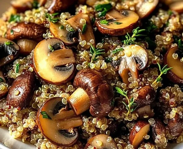 Delicious garlicky mushroom quinoa dish served in a bowl