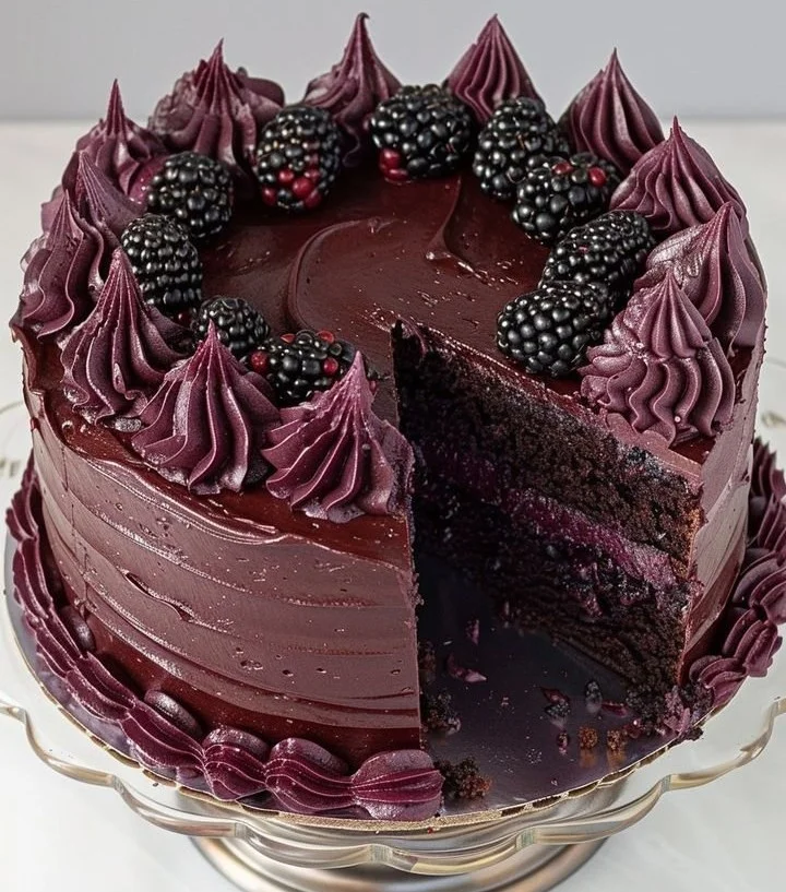 Delicious Giant Black Raspberry Cake decorated with fresh berries and frosting