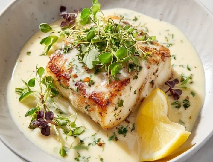 Gourmet pan-seared halibut served with creamy sauce on a plate