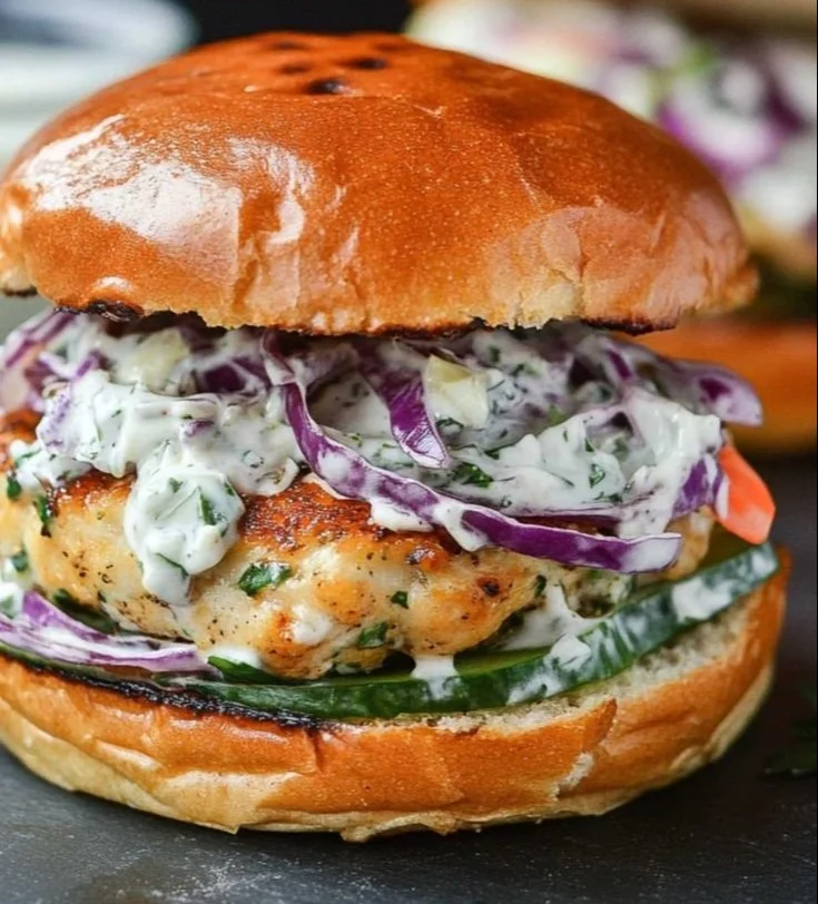 Greek chicken burgers served with tzatziki sauce on a platter