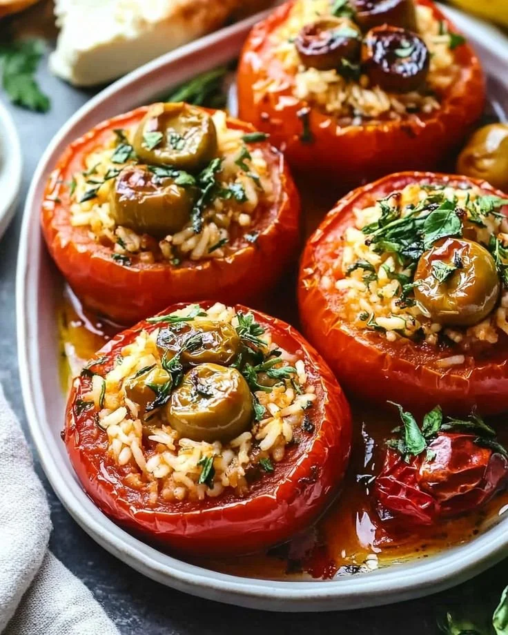 Greek stuffed tomatoes filled with rice and herbs on a plate
