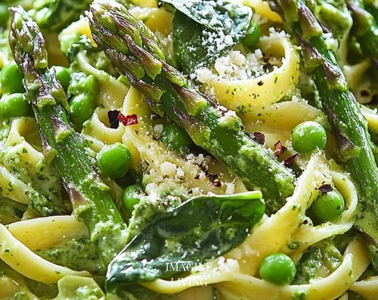 Delicious Green Goddess Fettuccine with creamy spinach, asparagus, and peas