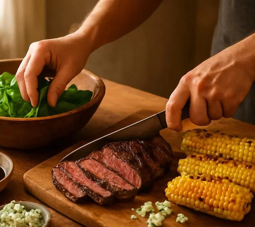 Healthy grilled balsamic steak salad with fresh vegetables and dressing