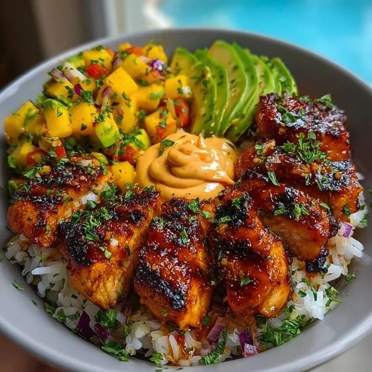 Grilled Maple Sriracha Chicken Bites with Coconut Rice and Mango Avocado Salsa