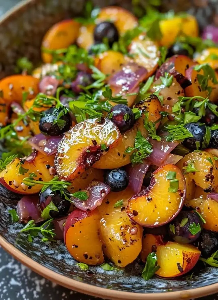Grilled peach blueberry salad with fresh ingredients on a plate.