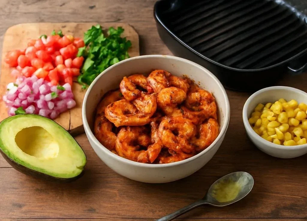 Grilled shrimp bowl with avocado, corn salsa, and creamy sauce.