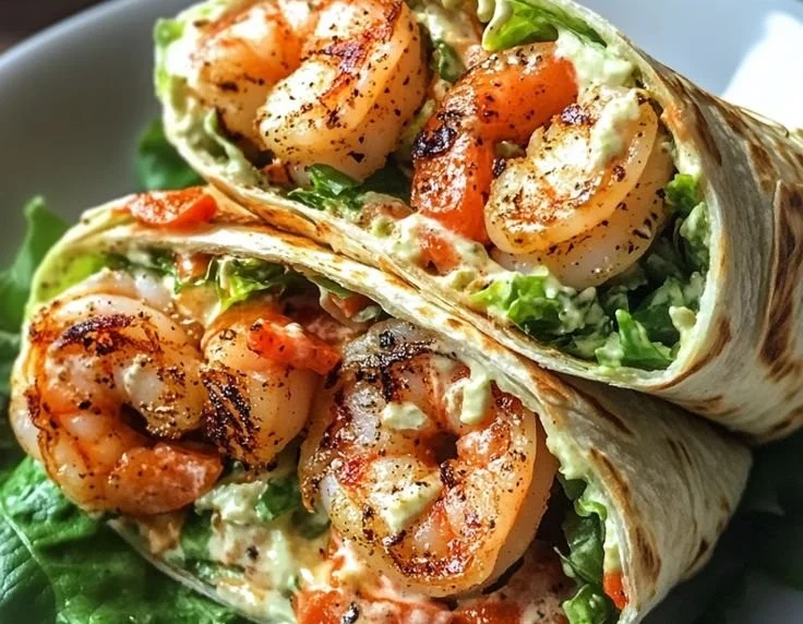 Grilled shrimp caesar wraps with crisp lettuce and creamy dressing