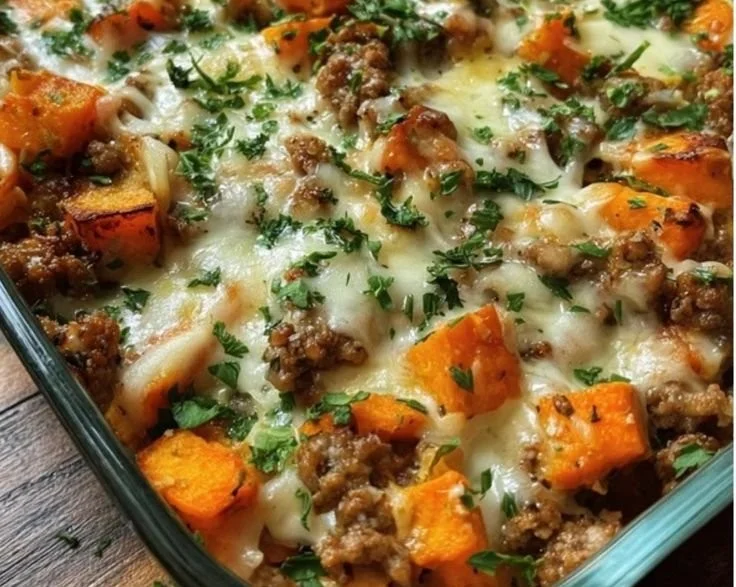 Ground Turkey Sweet Potato Bake served in a dish with fresh herbs on top