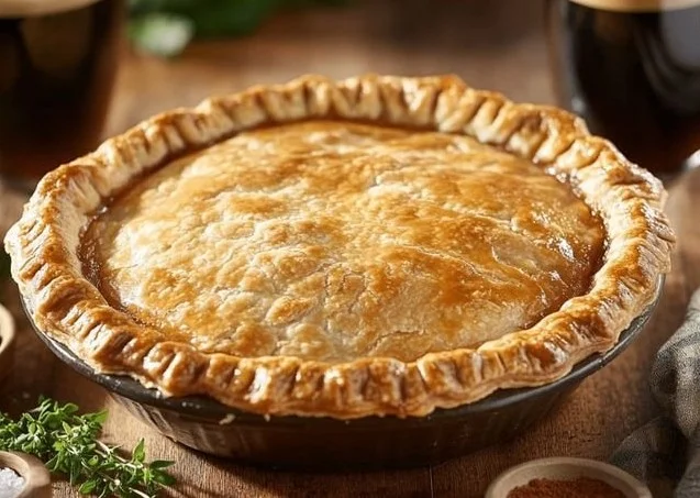 Delicious Guinness Beef Pie topped with flaky pastry, ideal for hearty meals.