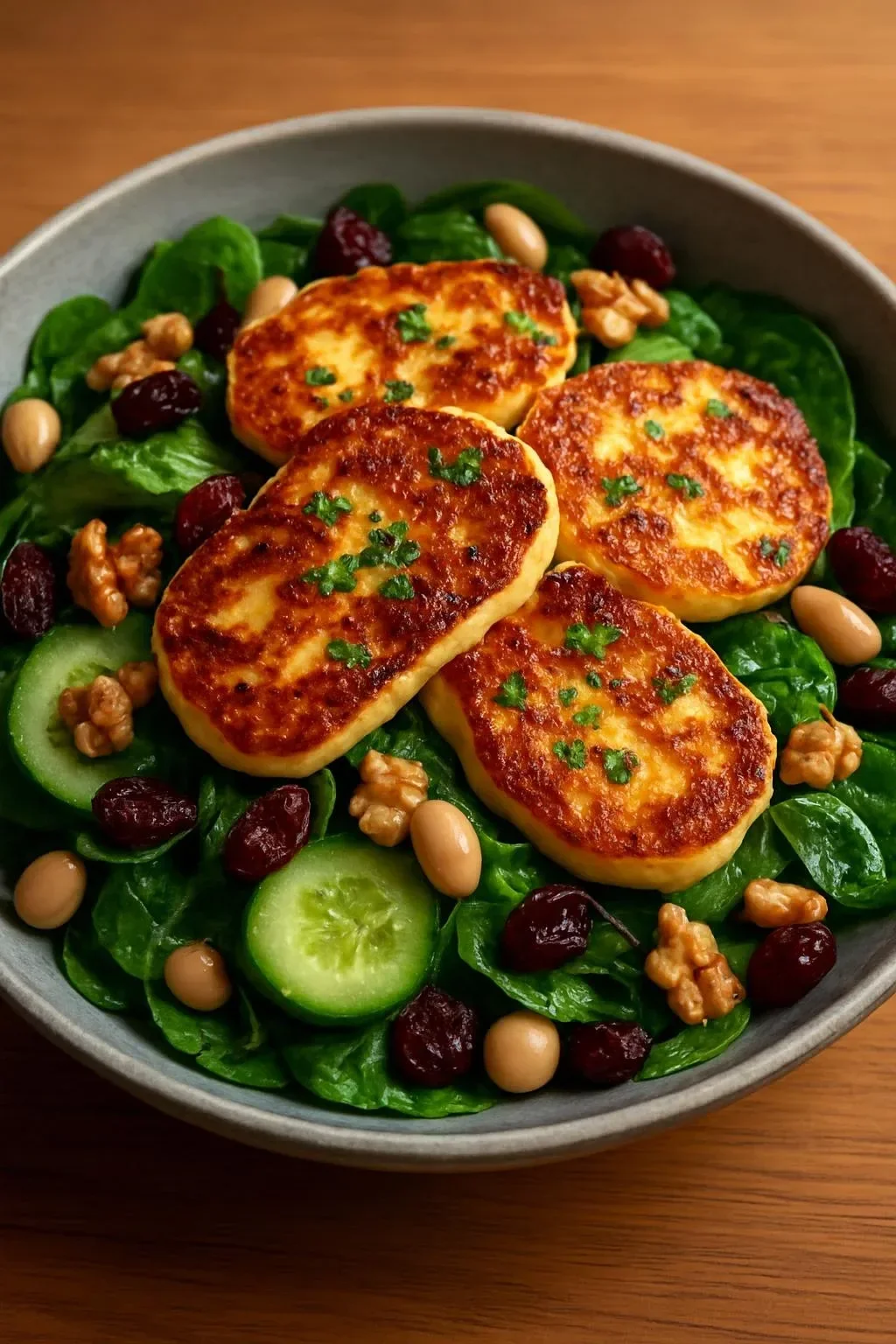 Halloumi salad with cranberry butter beans and mint-lemon dressing