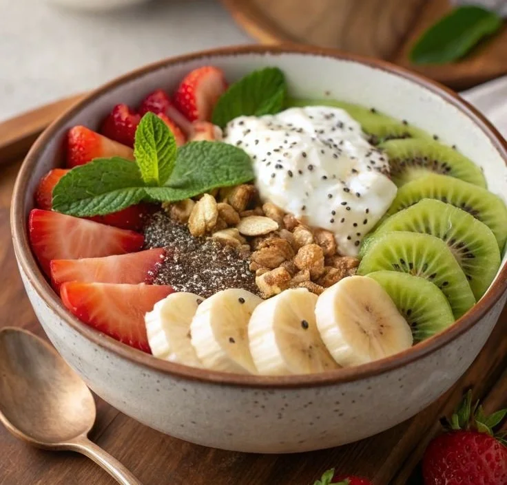 Healthy breakfast bowl with fruits, nuts, and grains, perfect for a nutritious start.