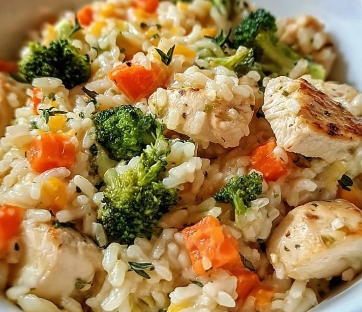 Healthy chicken and rice casserole served in a dish with fresh herbs