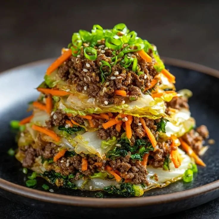Healthy ground beef stir fry with cabbage served in a bowl