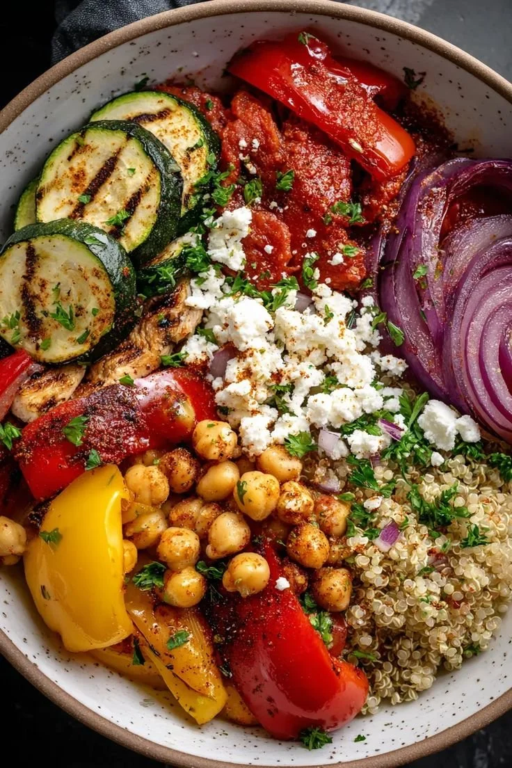 Healthy Grilled Mediterranean Bowl with fresh vegetables and grilled protein