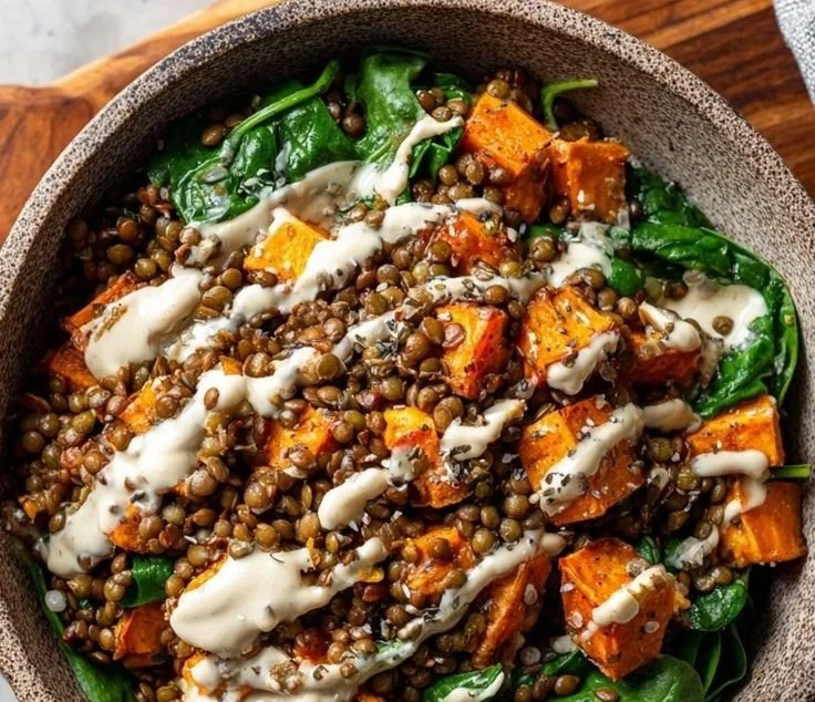 Healthy Sweet Potato Lentil Bowl featuring colorful veggies and spices