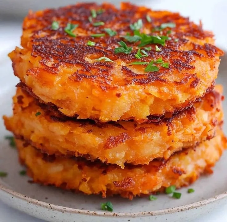 Healthy sweet potato hash browns served on a plate, garnished with herbs.