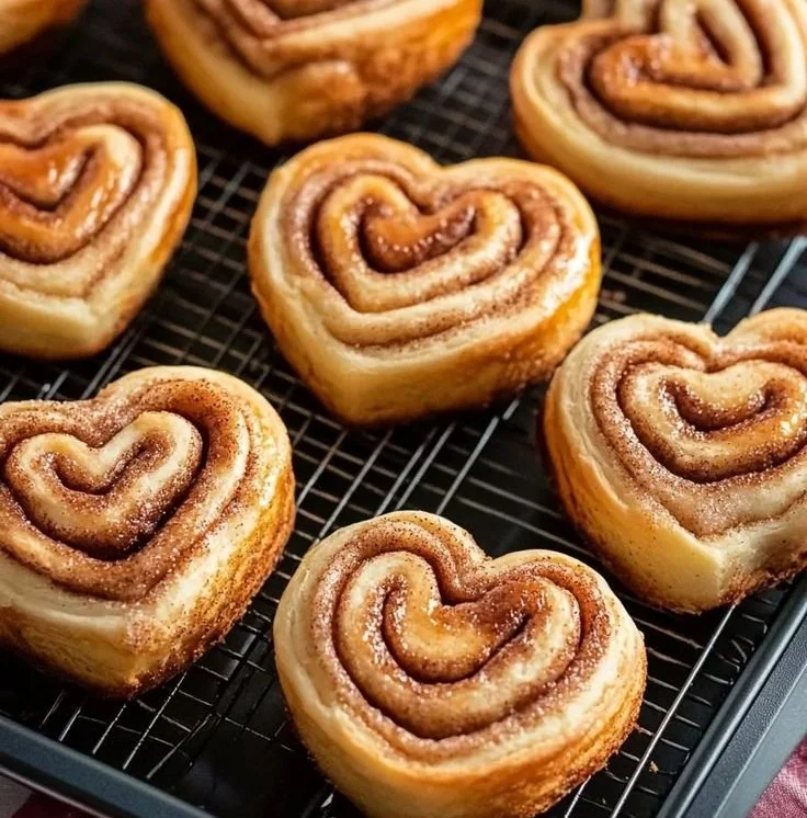 Heart-shaped cinnamon rolls topped with icing on a plate